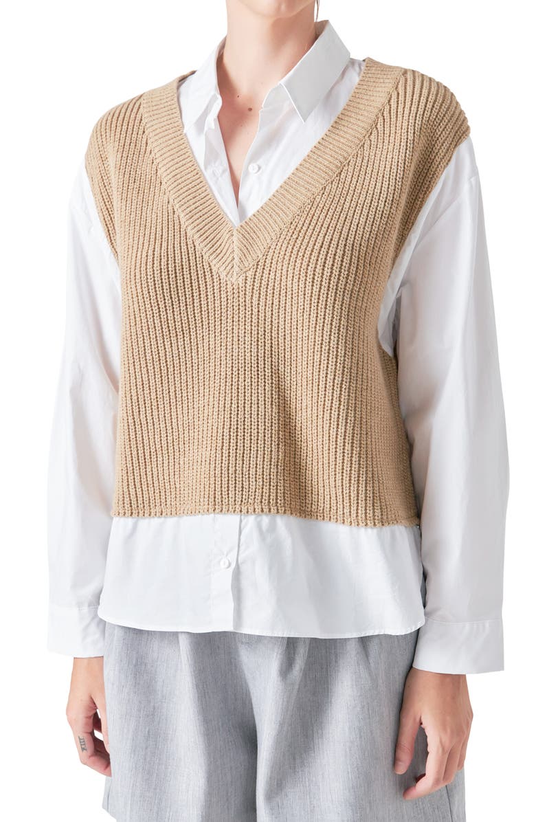 Grey Lab Layered Look Sweater & Shirt, Alternate, color, Tan/White