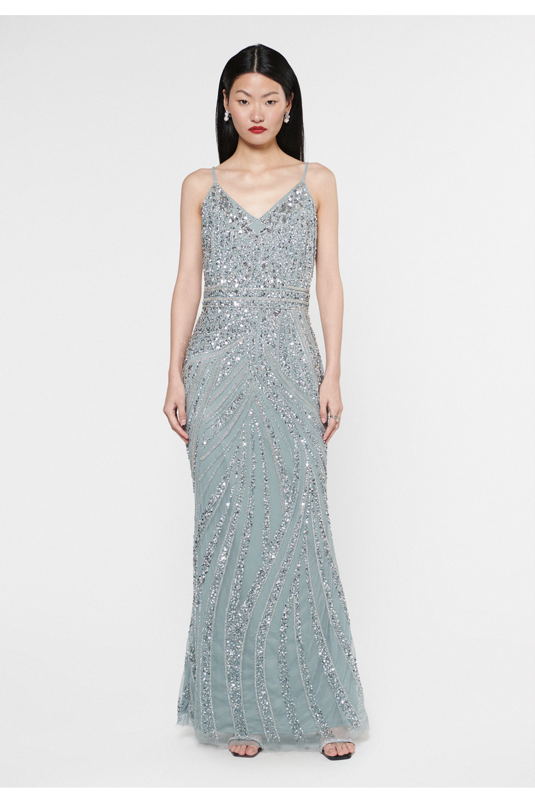 Occasion Embellished Sequin Beaded Strap Evening Dress, Main, color, MISTY GREY