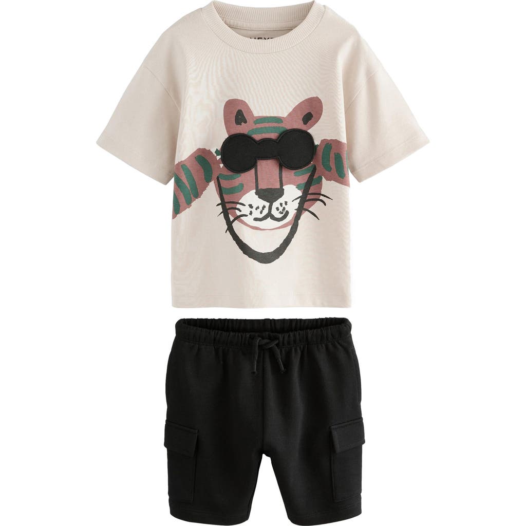 Next Kids' Tiger Cotton Graphic T-shirt & Cargo Shorts Set In Black/ivory/green Multi