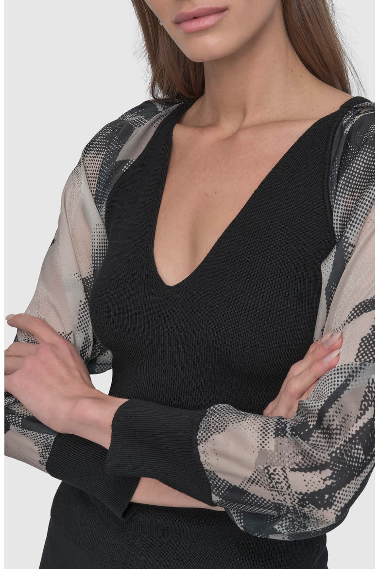 Mixed Media Long Sleeve Sweater, Alternate, color, BLACK