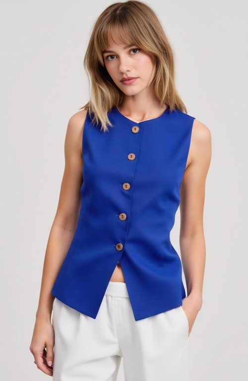 Modenaire Sleeveless Button Front Tailored Fit Asymmetrical Hem Vest In Blue