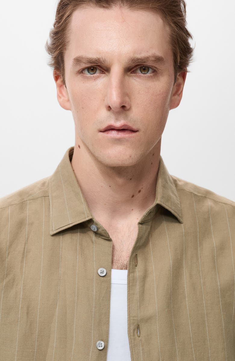 MANGO Pinstripe Linen & Cotton Button-Up Shirt, Alternate, color, Khaki