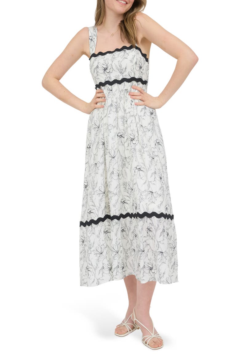 Floral Rickrack Trim Midi Sundress, Main, color, IVORY