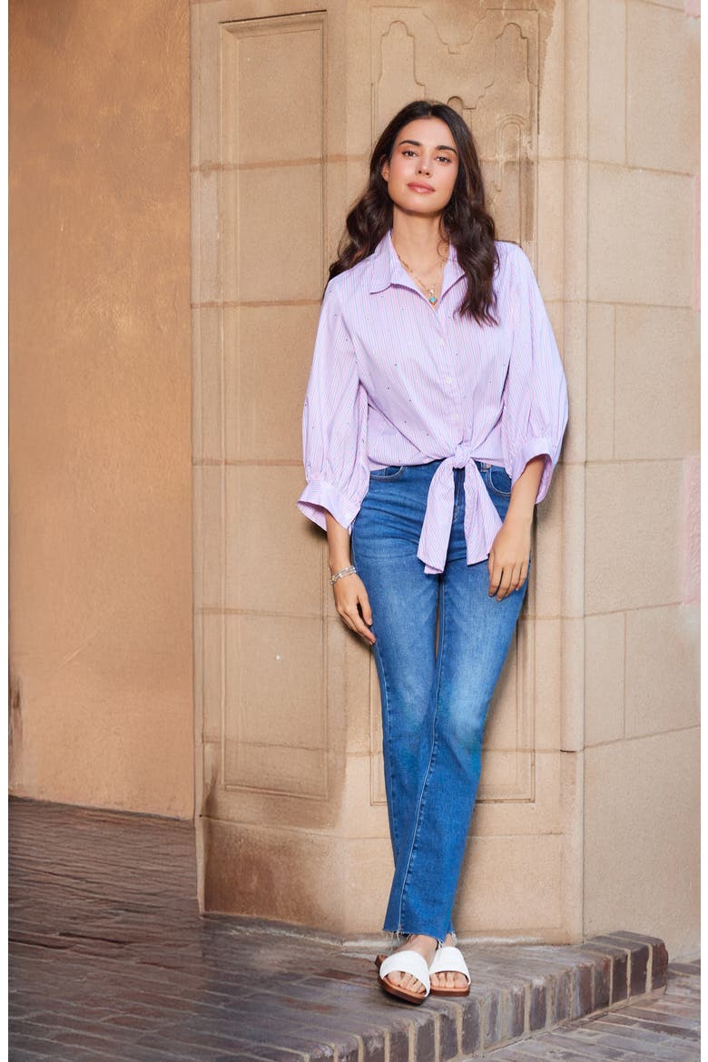 Embellished Puff Sleeve Tie Front Top, Alternate, color, PINK