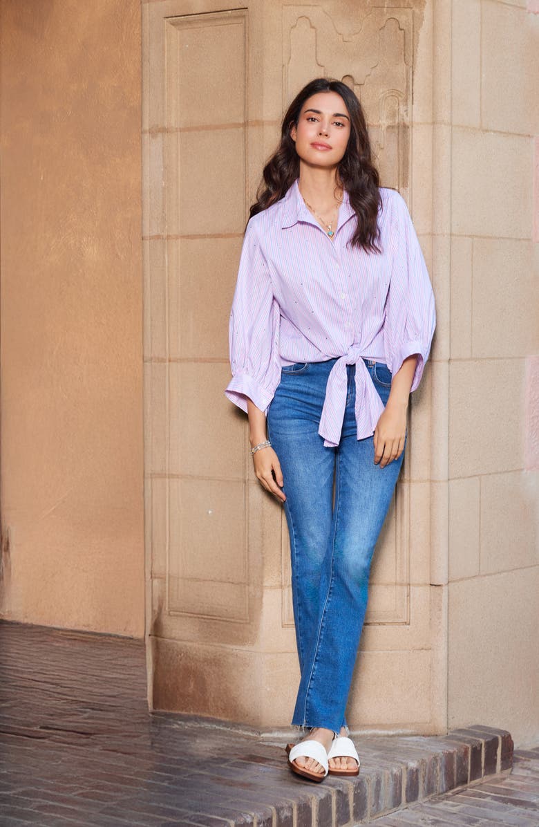 Karen Kane Embellished Puff Sleeve Tie Front Top, Alternate, color,