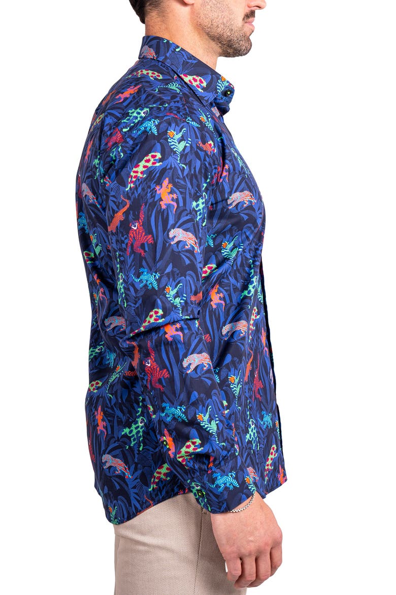 Fibonacci Ascension 0213 Jungle Print Contemporary Fit Button-Up Shirt, Alternate, color, BLUE