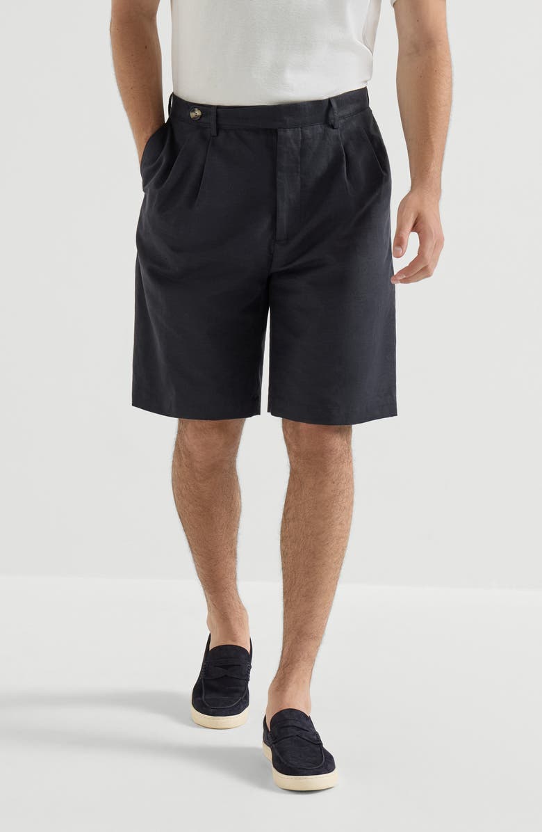 Brunello Cucinelli Bermuda shorts with pleats, Alternate, color, Navy Blue