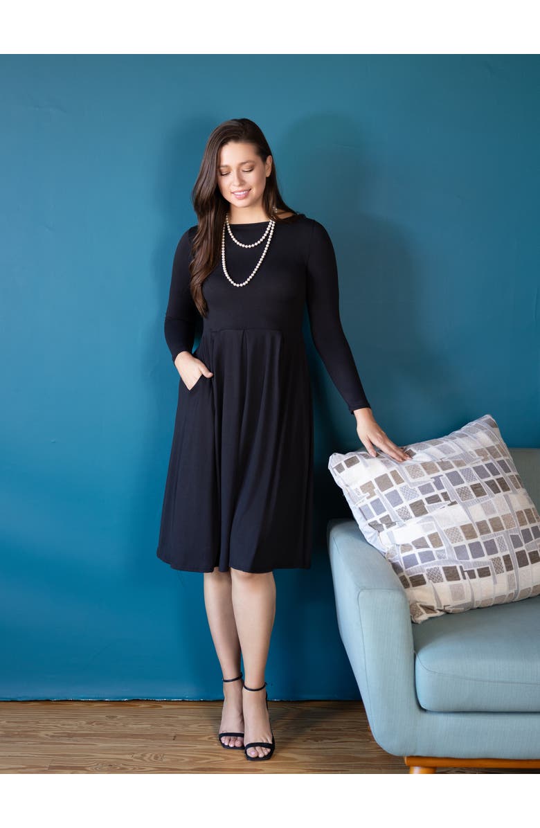 24seven Comfort Apparel Midi Length Fit N Flare Pocket Dress, Alternate, color, Black