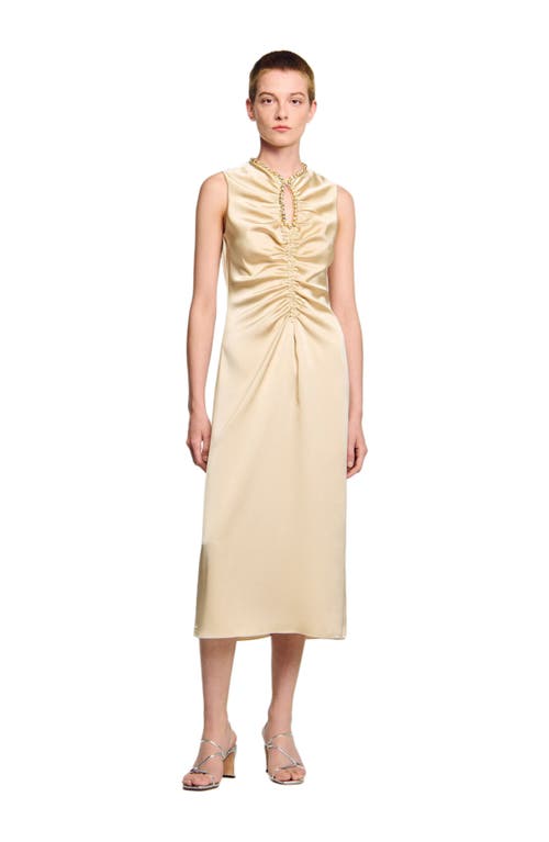 Sandro Womens Sand Rhinestone-embellished Ruched Satin Midi Dress