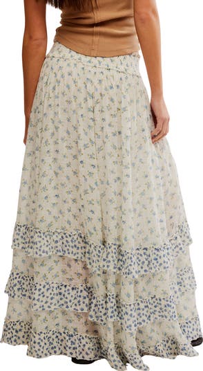 Brynn Mixed Floral Tiered Cotton Blend Maxi Skirt