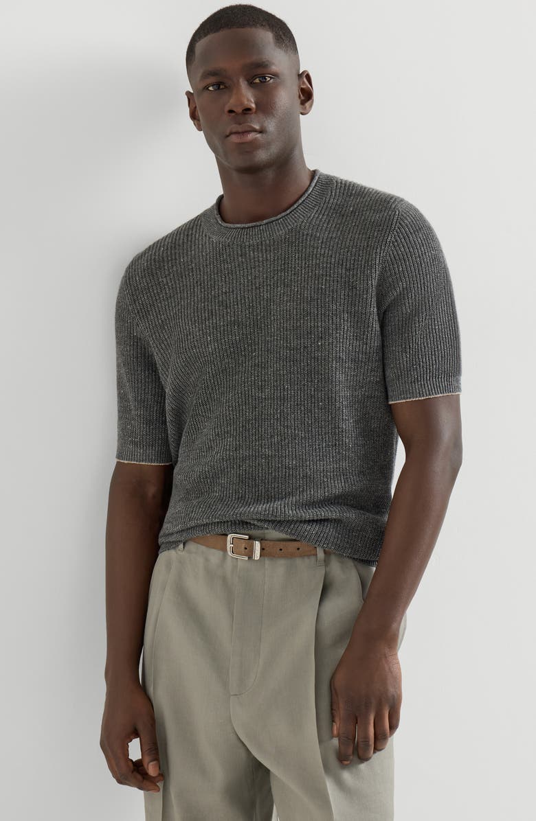 Brunello Cucinelli Linen and cotton T-shirt, Alternate, color, Dark Grey