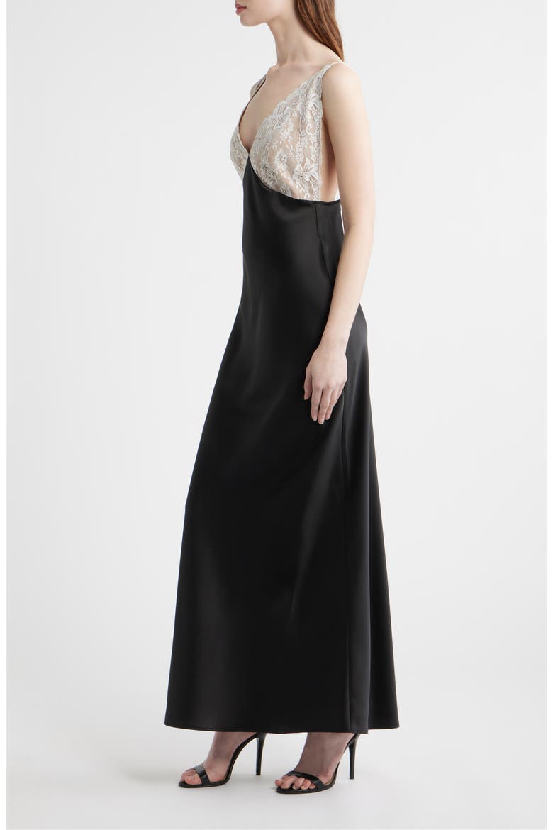 Ottilie Lace Bodice Open Back Satin Gown, Alternate, color, BLACK
