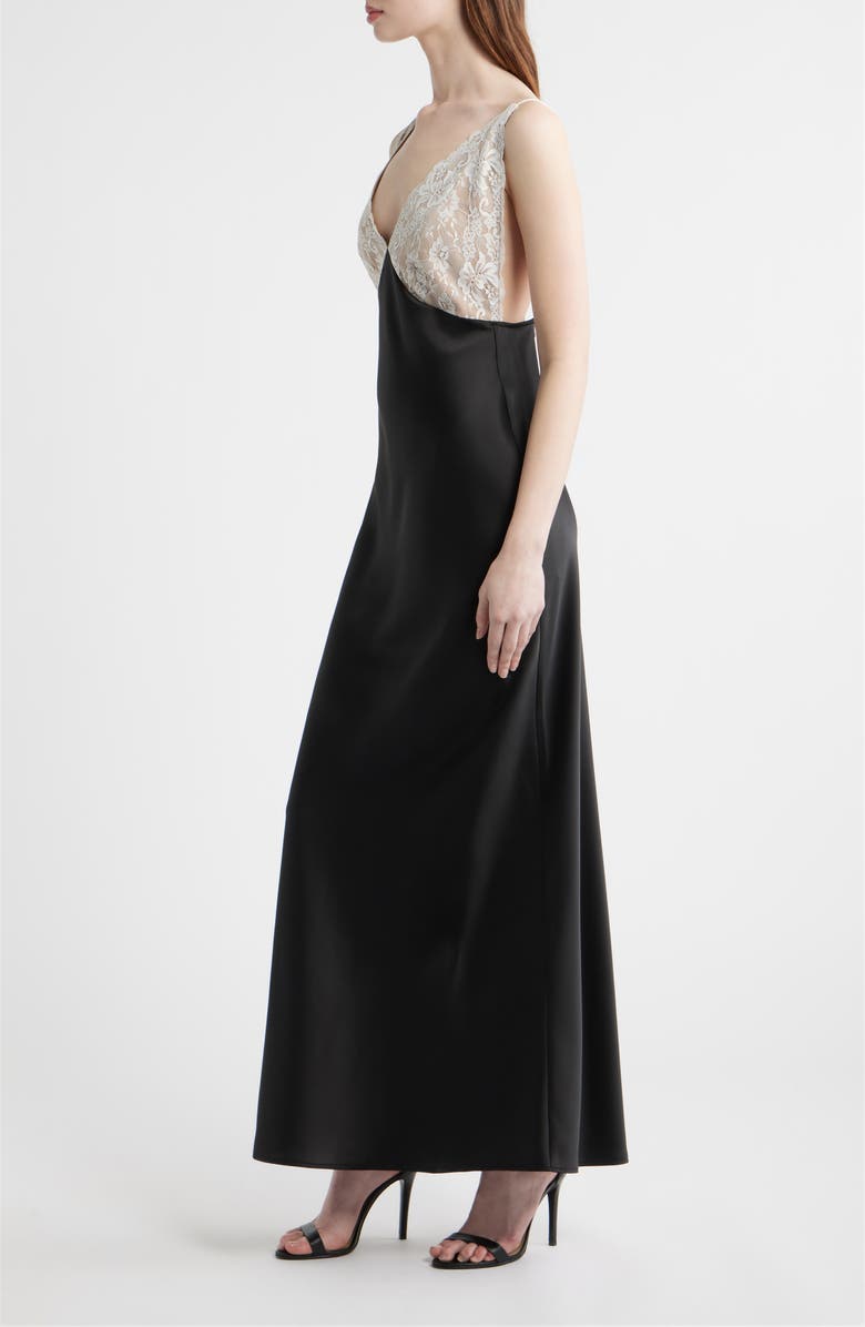 WAYF Ottilie Lace Bodice Open Back Satin Gown, Alternate, color, Black