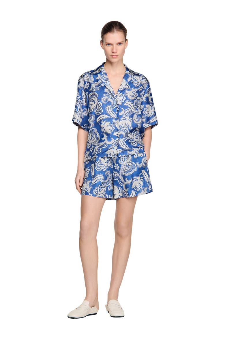 Floral print mini shorts, Alternate, color, Blue / ecru