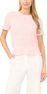 Halogen® Ruffle Trim Pointelle Stitch Short Sleeve Sweater