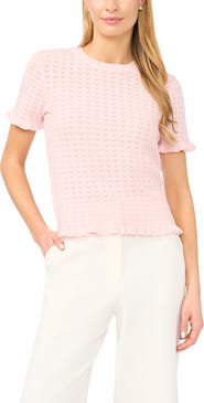 Halogen® Ruffle Trim Pointelle Stitch Short Sleeve Sweater