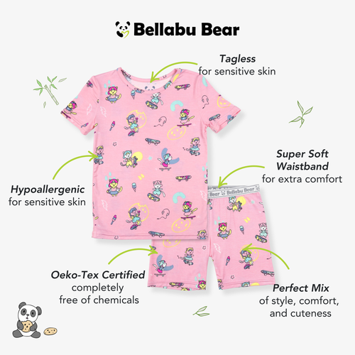 Bellabu Bear Skater Kitty Kids 2-piece Short Sleeve & Shorts Pajama Set