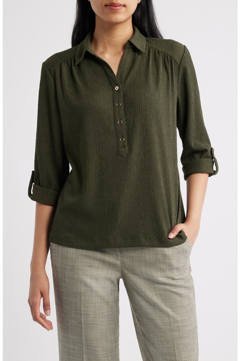 Half Placket Roll Tab Top, Main, color, DARK BAY LEAF