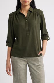 AK ANNE KLEIN Half Placket Roll Tab Top