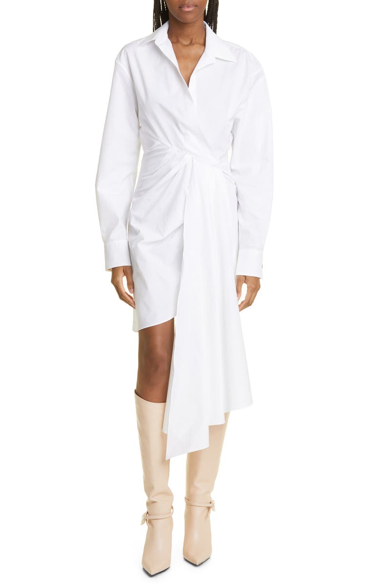 Off-White Bow Detail Long Sleeve Asymmetric Shirtdress, Main, color, 