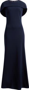 Betsy & Adam Cape Short Sleeve Scuba Crepe Gown