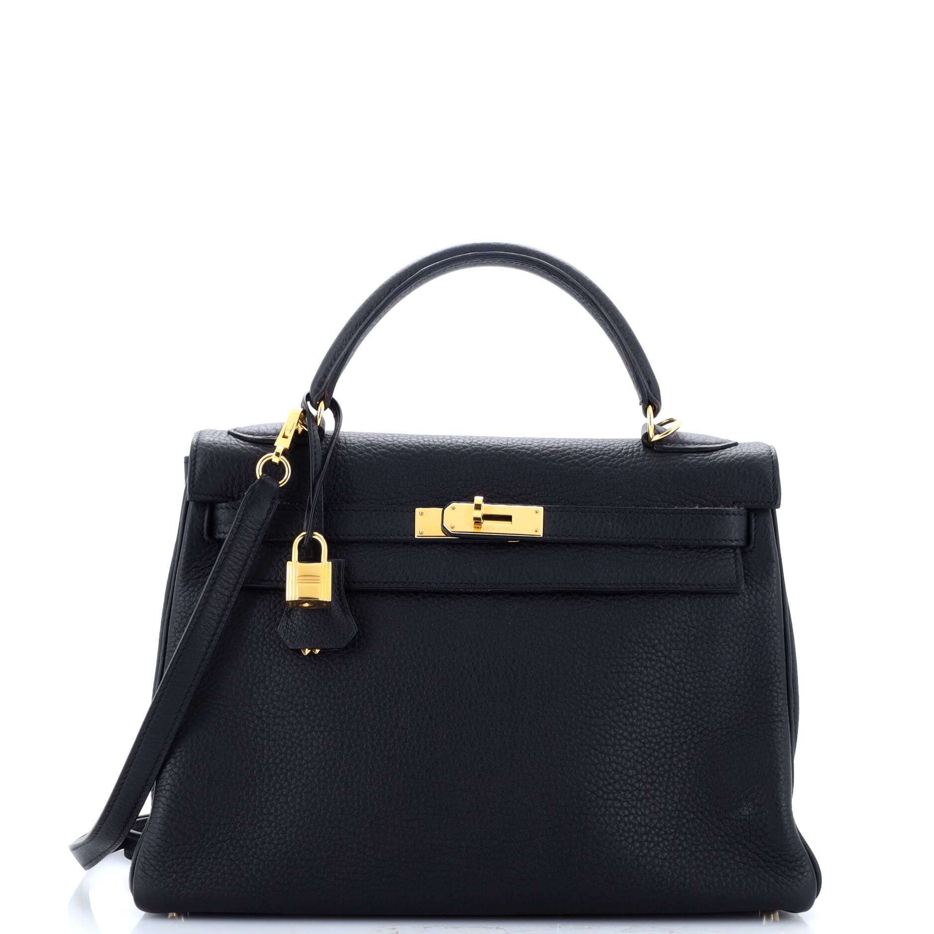 Pre-Owned Hermes Kelly Handbag Black Clemence with Gold Hardware 32, Main, color, 