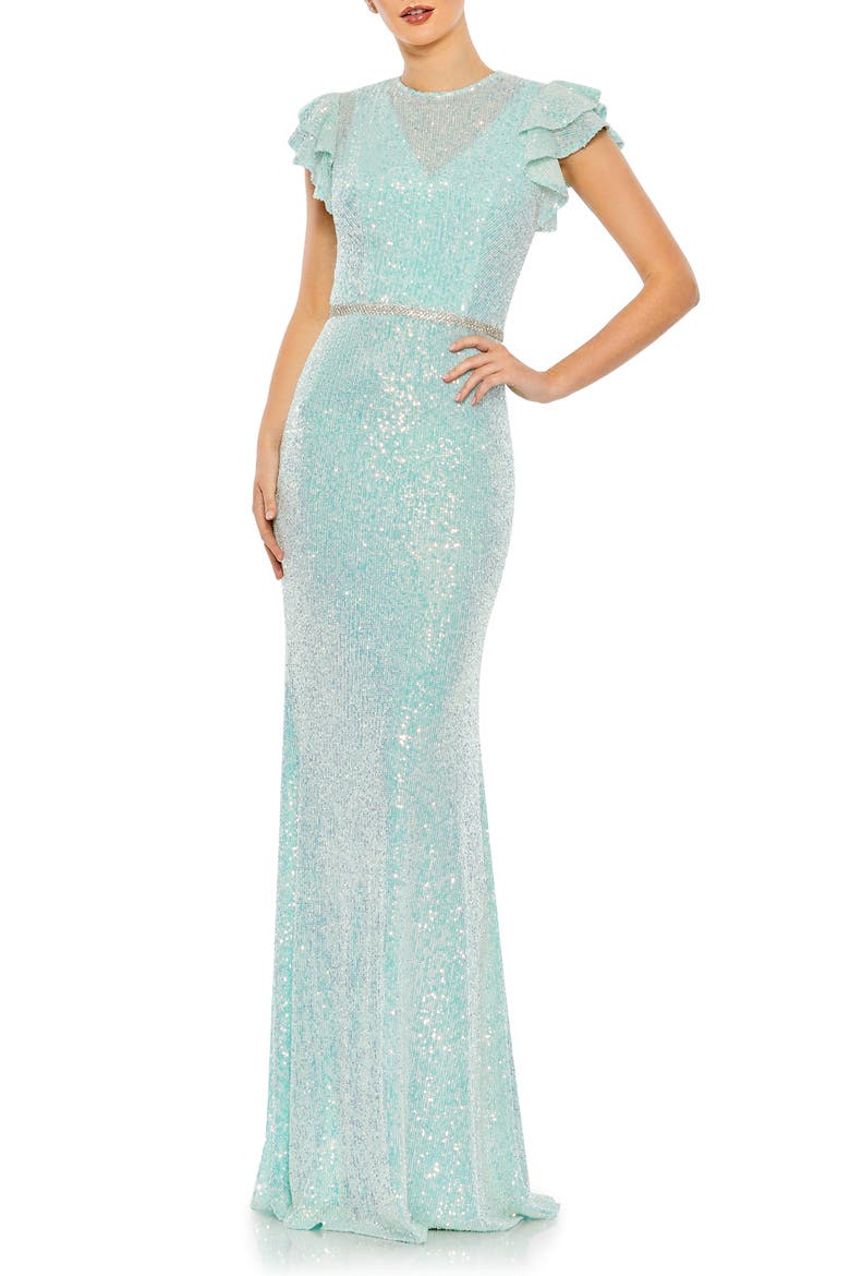 Flutter Sleeve Sequin Column Gown, Main, color, ICE BLUE