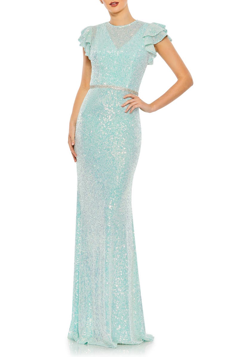 Ieena for Mac Duggal Flutter Sleeve Sequin Column Gown, Main, color, 