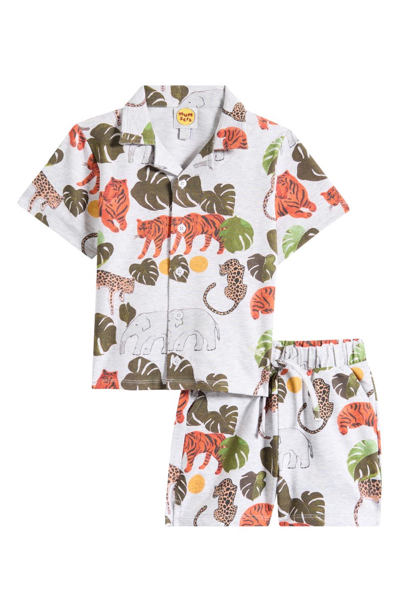 MUMZERS Kids' Jungle Print Camp Shirt & Shorts Set, Main, color, Grey