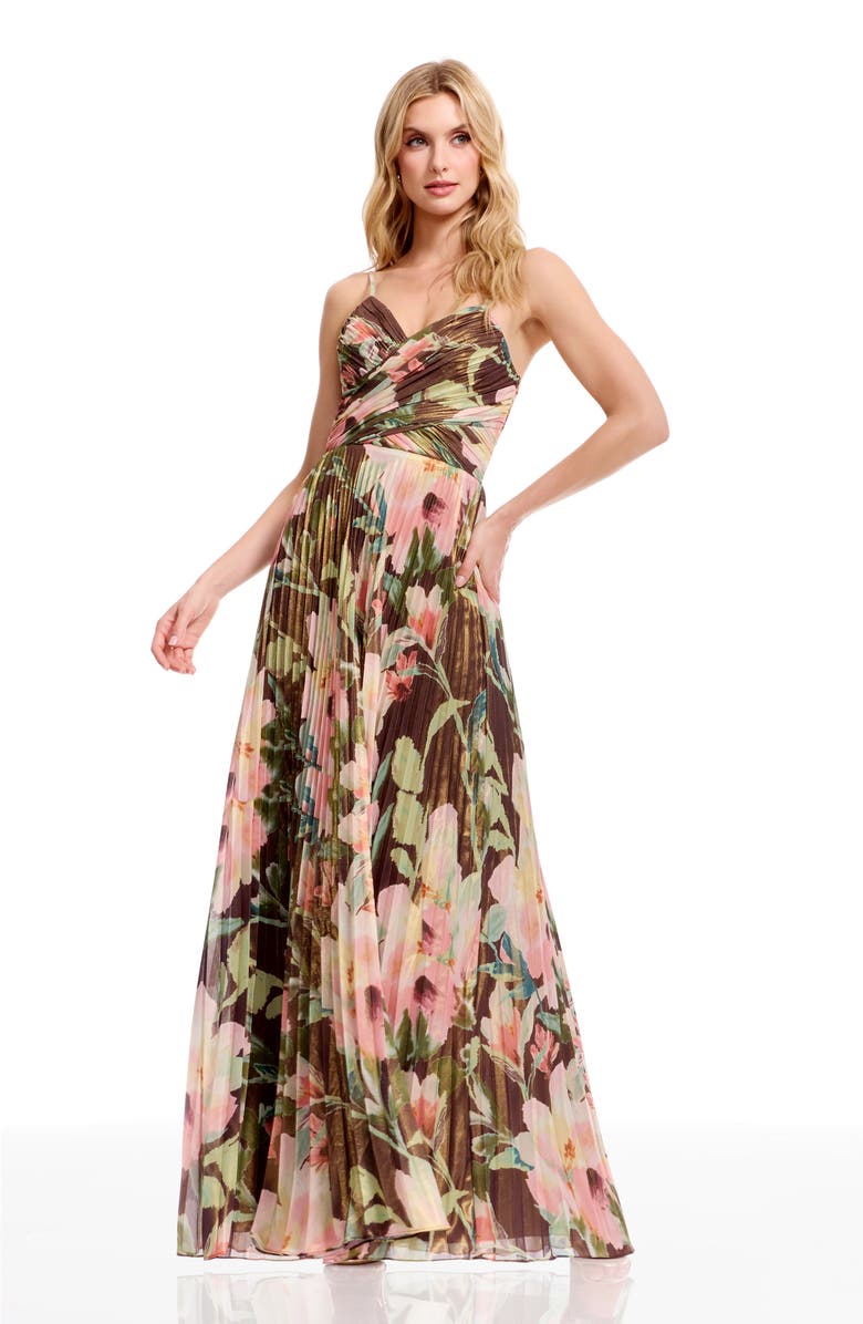 Dress the Population Floral Print Pleated Chiffon Gown, Alternate, color, Mocha Multi