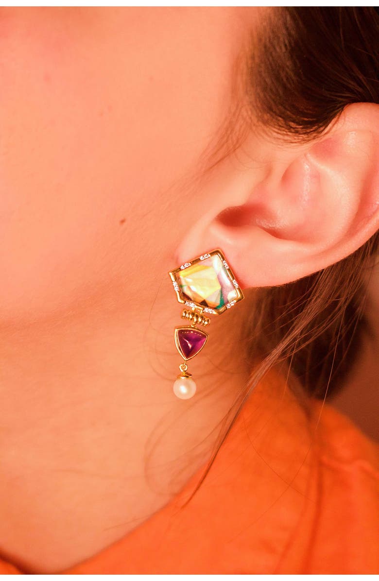 LuvMyJewelry Mysterious Mayhem Amethyst Gemstone Diamond Pearl Yellow Gold Plated Silver Earrings, Alternate, color,