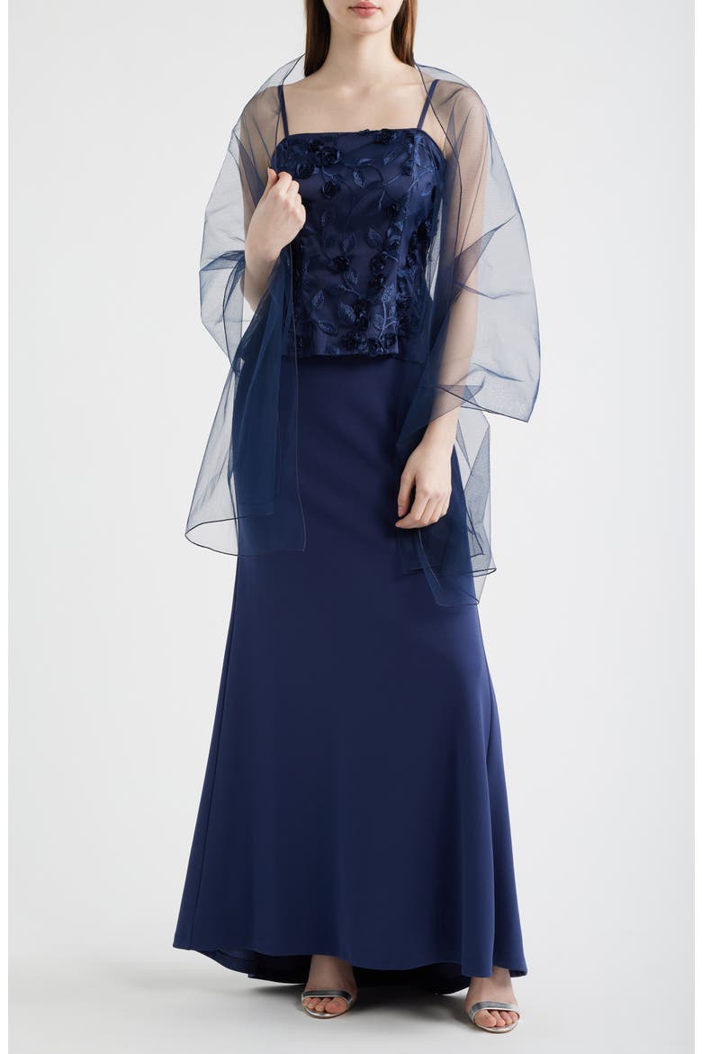 Mixed Media Floral Embroidery Gown, Main, color, NAVY