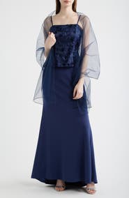 Eliza J Mixed Media Floral Embroidery Gown