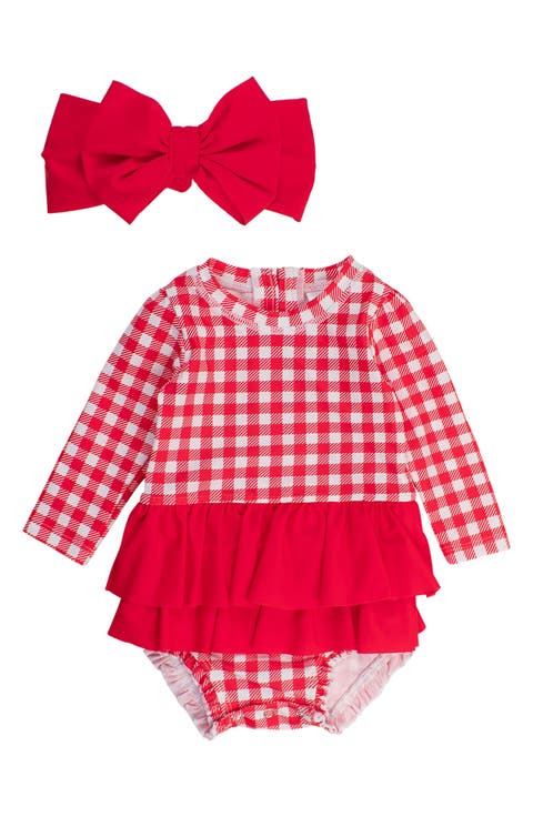 Gingham One-Piece Rashguard Swimsuit & Bow Head Wrap Set (Baby)