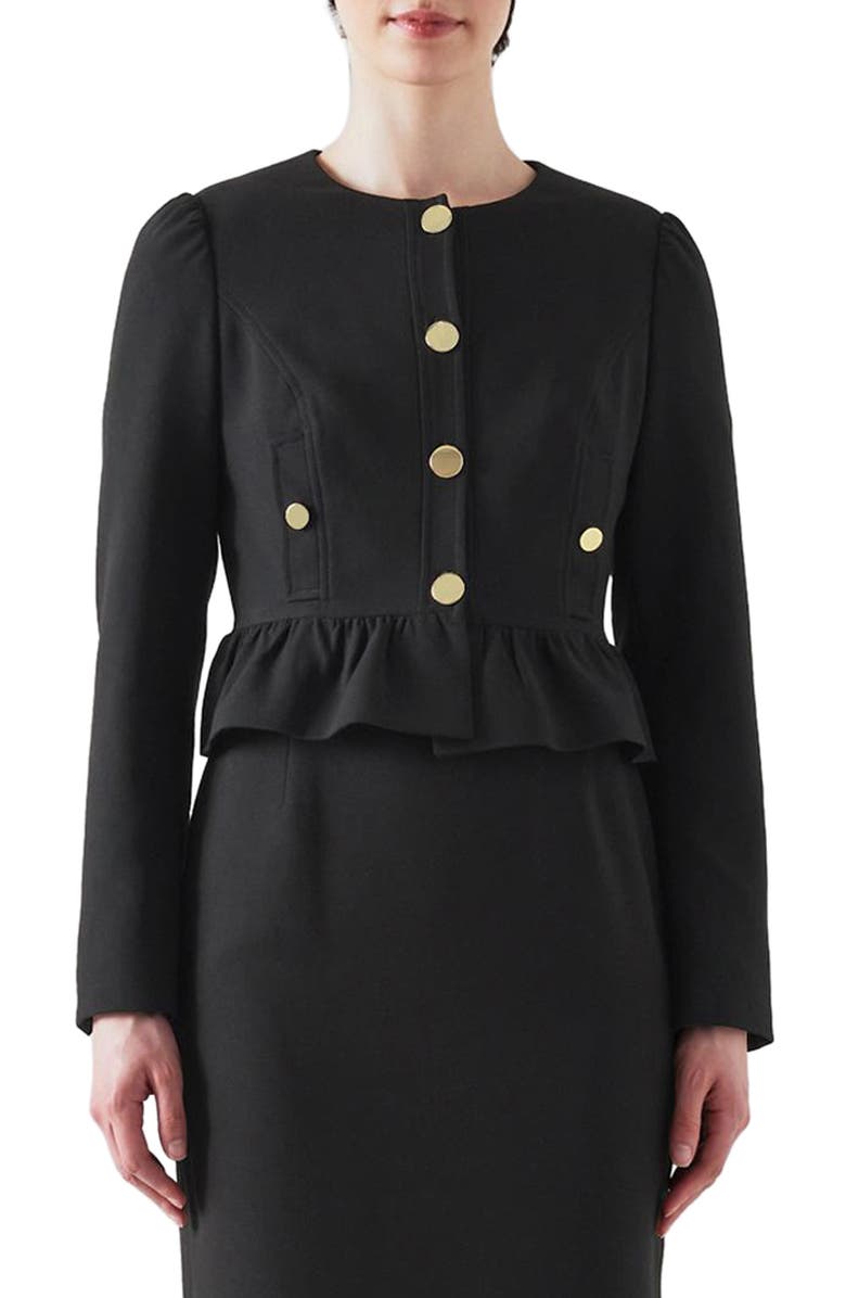 LK Bennett Folly Crepe Crop Peplum Jacket, Main, color, Black