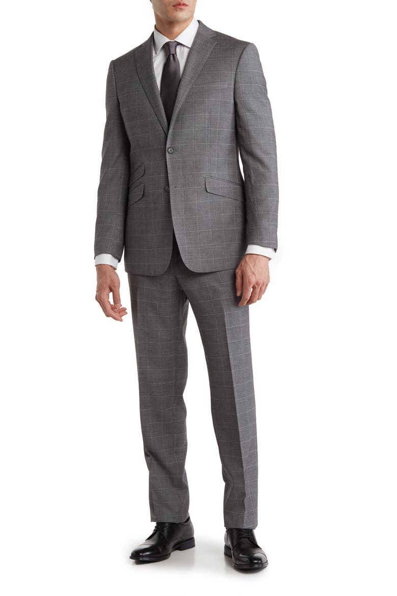 Trim Fit Windowpane Suit, Main, color, GRAY
