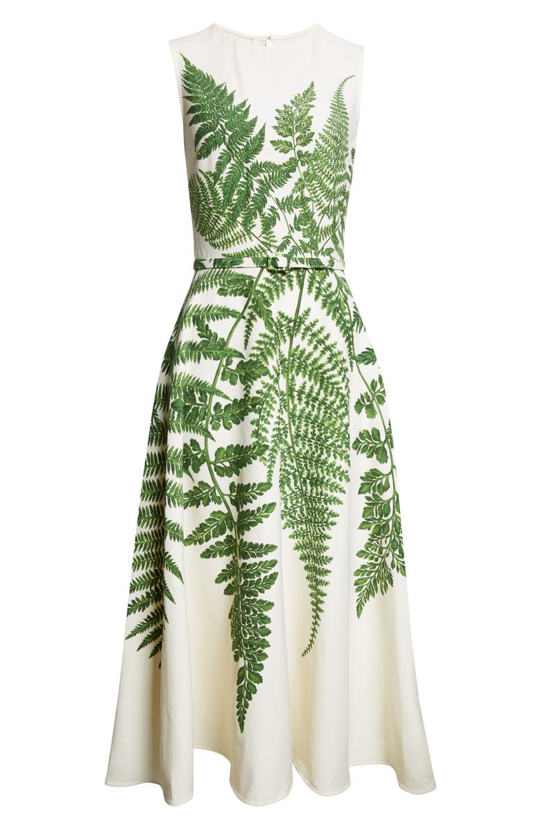 Oscar de la Renta Placed Fern Print Wool Blend A-Line Dress, Alternate, color, Green/ Ivory
