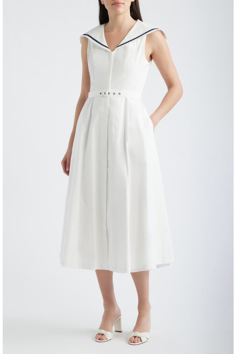 Sailor Collar Cotton Midi Dress, Main, color, WHITE