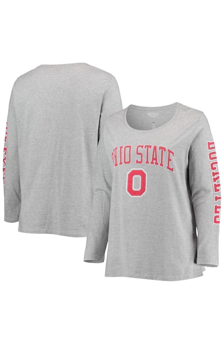 PROFILE Women's Heathered Gray Ohio State Buckeyes Plus Size Campus Arch Logo 2-Hit Scoop Neck Long Sleeve T-Shirt, Main, color, 
