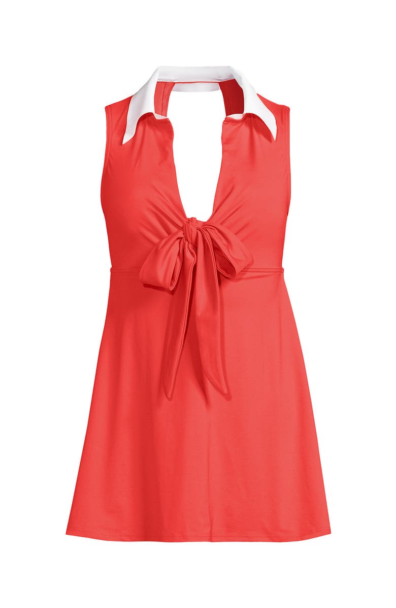 Lands' End Polo Collar Tie Front Swim Dress Swimsuit, Alternate, color, Coral Bliss/White