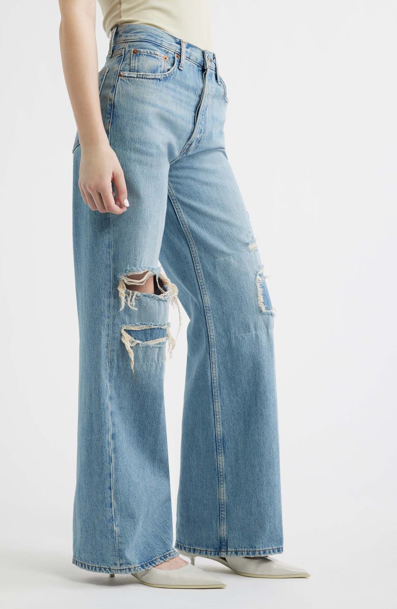 Re/Done High Waist Ripped & Repaired Wide Leg Jeans, Alternate, color, Age Worn Blue