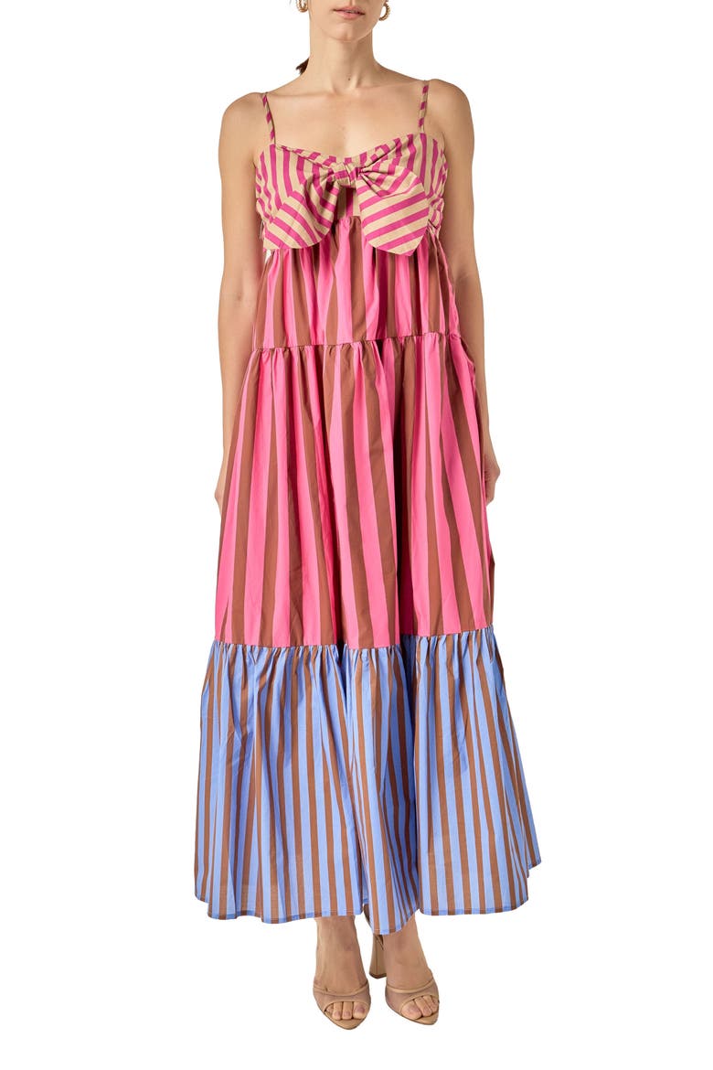 Stripe Bow Sleeveless Tiered Maxi Dress, Main, color, MULTI PINK
