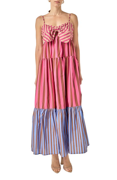Stripe Bow Sleeveless Tiered Maxi Dress