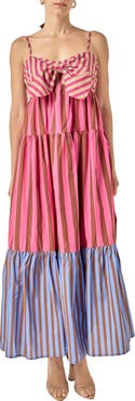 English Factory Stripe Bow Sleeveless Tiered Maxi Dress