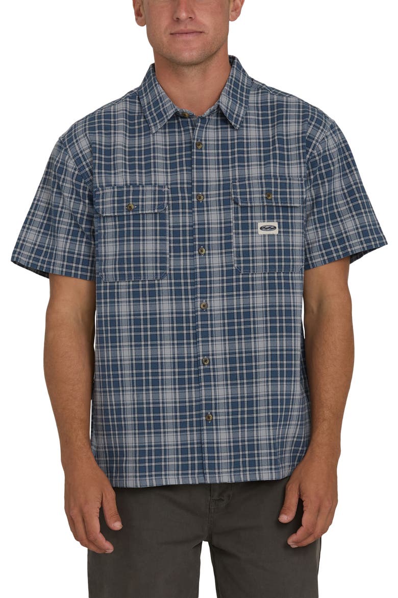 Bad Dog Plaid Short Sleeve Cotton Button-Up Shirt, Main, color, DARK DENIM