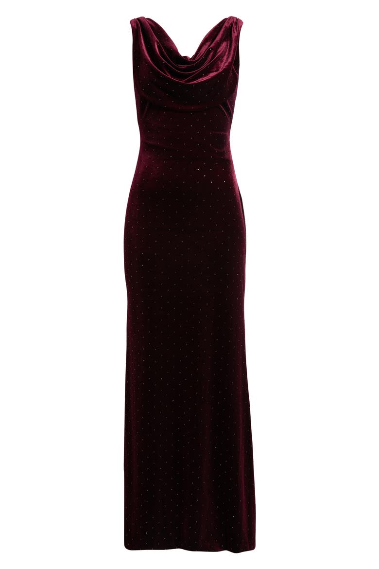 Diamante Detail Cowl Neck Velvet Gown, Main, color, WINE
