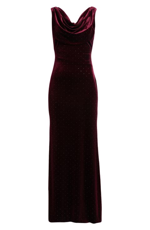 Diamante Detail Cowl Neck Velvet Gown