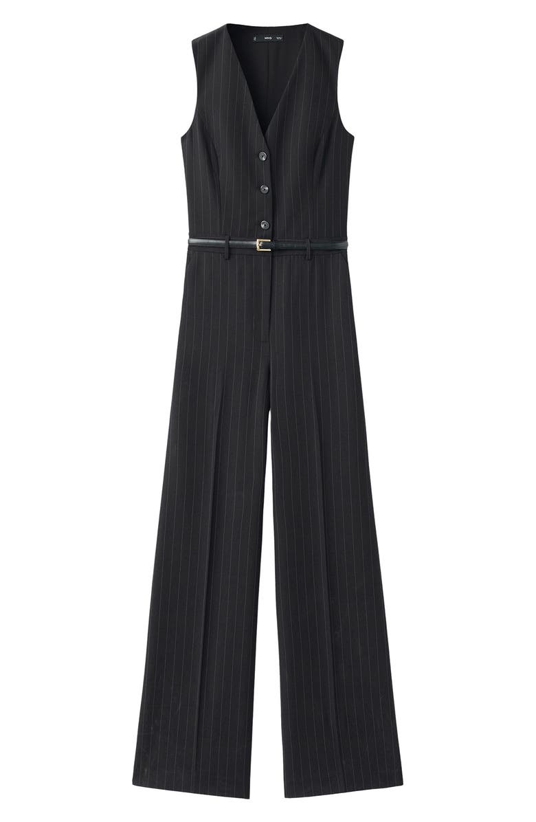 MANGO Pinstripe Sleeveless Belted Jumpsuit, Alternate, color, Dark Navy