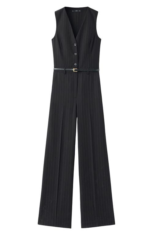 Mango Pinstripe Sleeveless Belted Jumpsuit In Blue