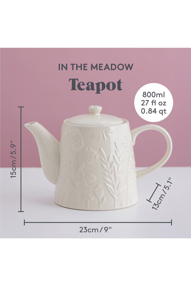 In the Meadow Teapot, 34 fl oz Stoneware Teapot with Embossed Floral Design, Alternate, color, Cream